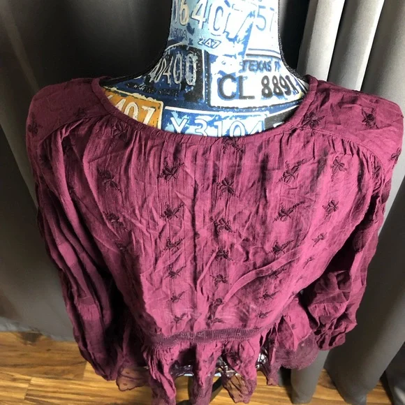 Free People Boho Hippy Floral Embroidered Sheer Paneling Long Sleeve Blouse - Picture 5 of 12